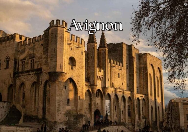 une vue d'Avignon avec le château des papes et on y voit en contre bas un taxi