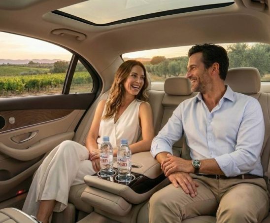 un couple de clients qui se parlent et sourient à l'arrière d'un taxi à la Cadière-d'Azur